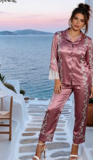 Satin Pajama Set with Lace Details - Image 4