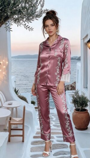 Satin Pajama Set with Lace Details - Image 5