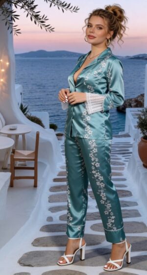 Satin Pajama Set with Lace Details - Image 8