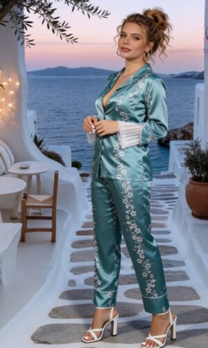 Satin Pajama Set with Lace Details - Image 7