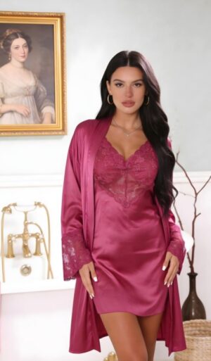 DESIRE Satin Robe with Lace Details