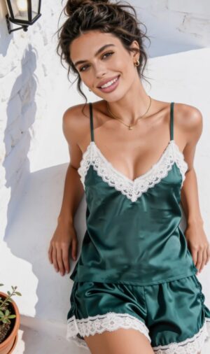 Satin Pajama Short with Lace Details - Image 11
