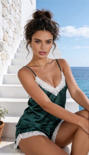 Satin Pajama Short with Lace Details - Image 9
